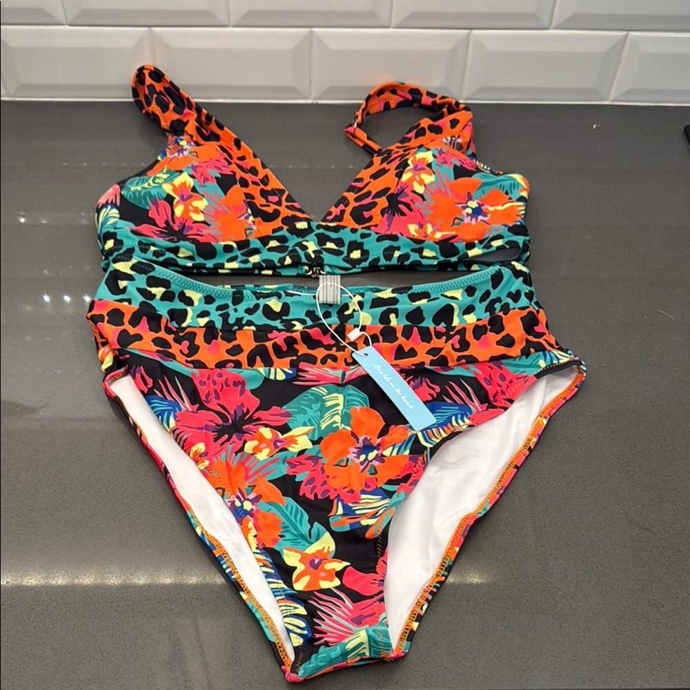 Cupshe Tropical Cheetah High Waisted Bikini